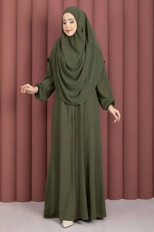 Hafsa Fermuar Detaylı Tesettür Namaz Elbisesi Haki - Thumbnail
