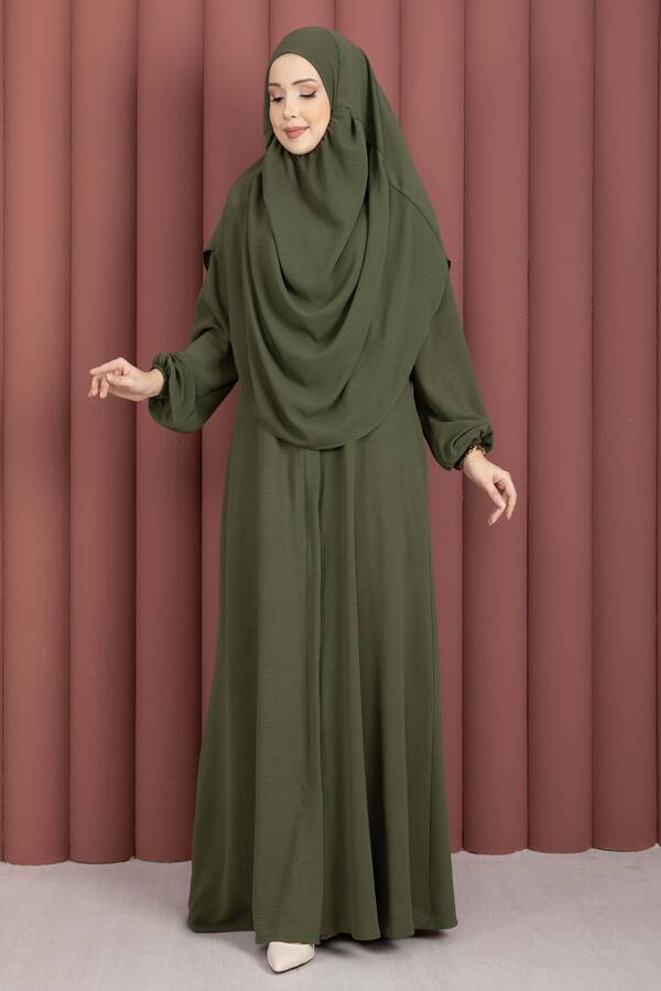 Df - Hafsa Fermuar Detaylı Tesettür Namaz Elbisesi Haki