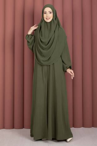 Hafsa Fermuar Detaylı Tesettür Namaz Elbisesi Haki - Thumbnail