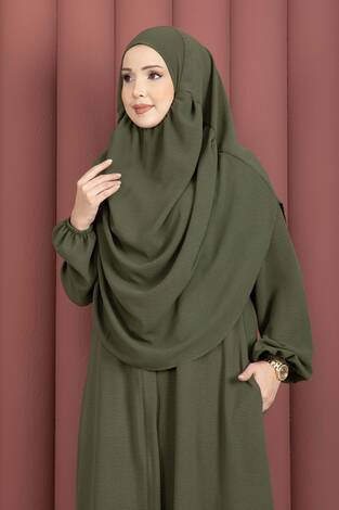 Hafsa Fermuar Detaylı Tesettür Namaz Elbisesi Haki - Thumbnail