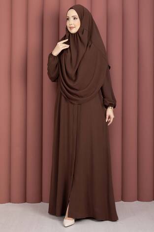 Hafsa Fermuar Detaylı Tesettür Namaz Elbisesi Kahve - Thumbnail