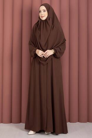Hafsa Fermuar Detaylı Tesettür Namaz Elbisesi Kahve