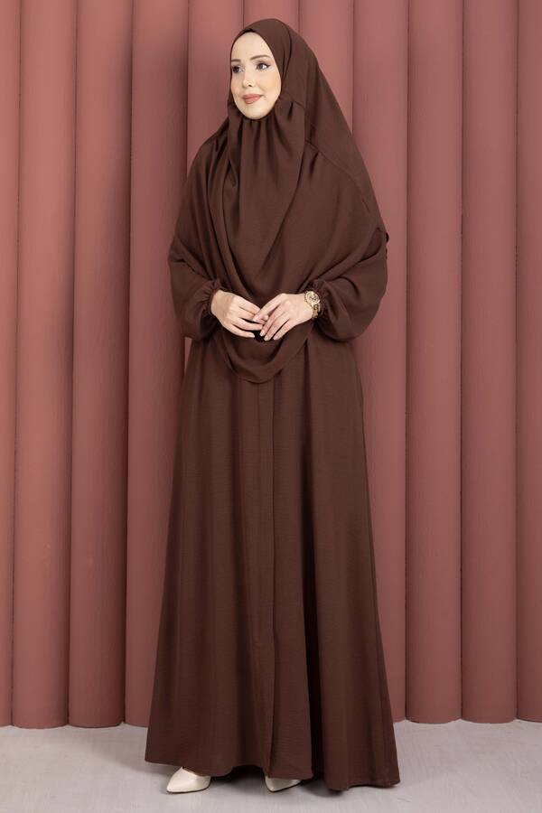 Df - Hafsa Fermuar Detaylı Tesettür Namaz Elbisesi Kahve