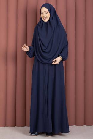 Hafsa Fermuar Detaylı Tesettür Namaz Elbisesi Lacivert - Thumbnail