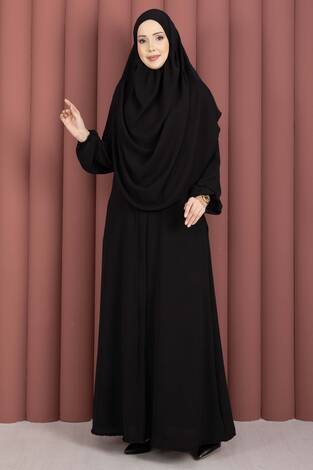 Hafsa Fermuar Detaylı Tesettür Namaz Elbisesi Siyah - Thumbnail