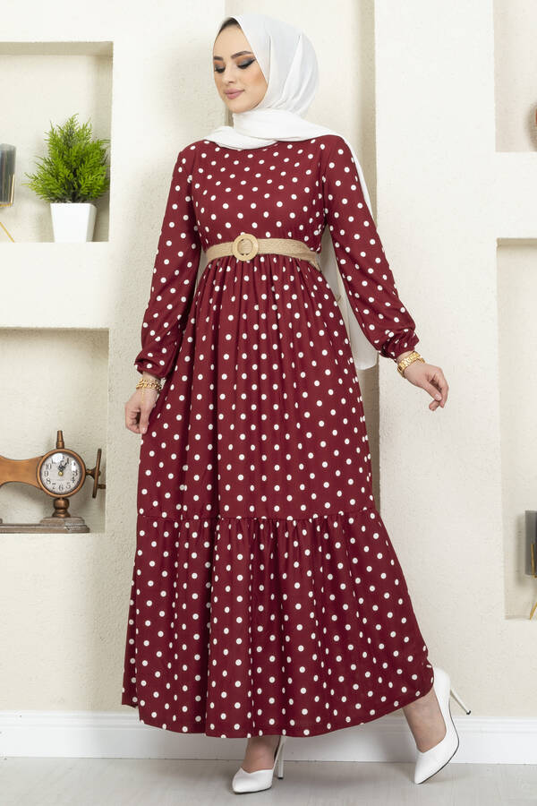 SB - Hasır Kemerli Tesettür Elbise 180SB-8711 Bordo