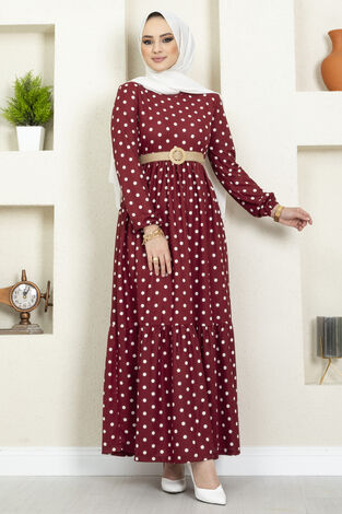 Hasır Kemerli Tesettür Elbise 180SB-8711 Bordo - Thumbnail