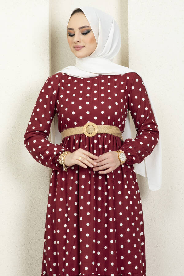 SB - Hasır Kemerli Tesettür Elbise 180SB-8711 Bordo (1)