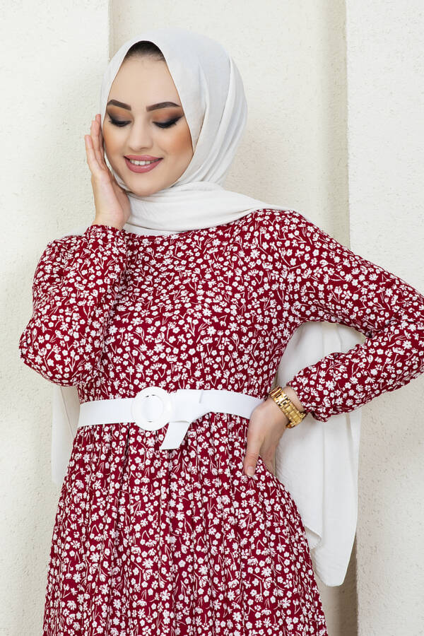 SB - Çiçek Desenli Deri Kemerli Tesettür Elbise 180SB-8711 Bordo (1)