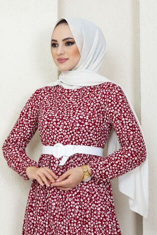 Çiçek Desenli Deri Kemerli Tesettür Elbise 180SB-8711 Bordo - Thumbnail