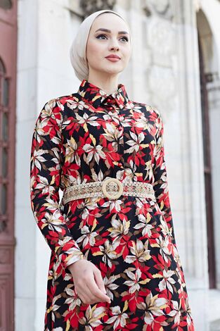 Hasır Kemerli Çiçek Desen Tesettür Elbise 575M-2066 Kırmızı - Thumbnail