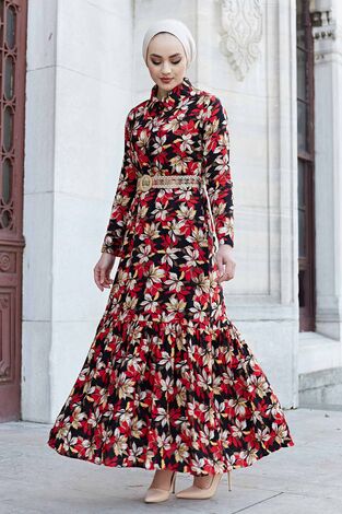 Hasır Kemerli Çiçek Desen Tesettür Elbise 575M-2066 Kırmızı - Thumbnail