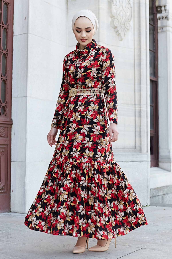 Hasır Kemerli Çiçek Desen Tesettür Elbise 575M-2066 Kırmızı