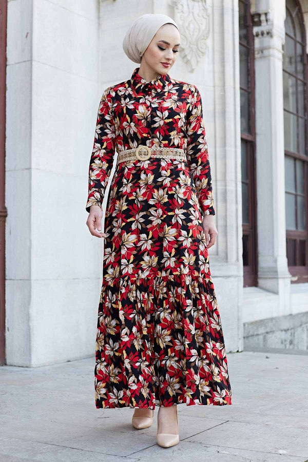 Hasır Kemerli Çiçek Desen Tesettür Elbise 575M-2066 Kırmızı