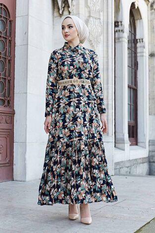 Hasır Kemerli Çiçek Desen Elbise 575M-2066 Mint - Thumbnail