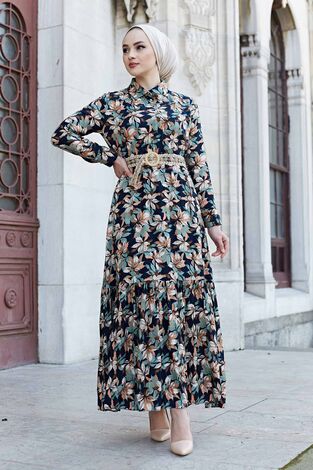 Hasır Kemerli Çiçek Desen Elbise 575M-2066 Mint - Thumbnail
