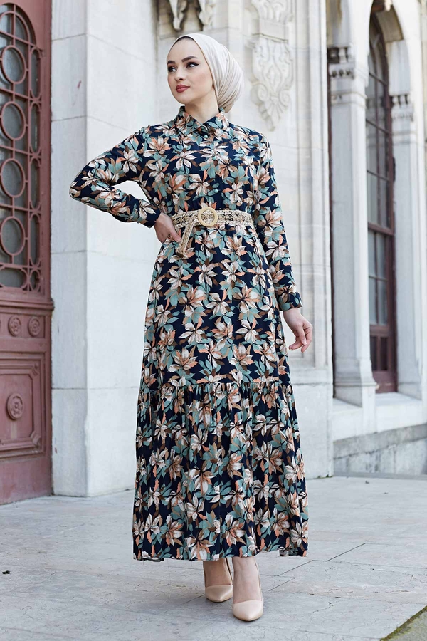 Hasır Kemerli Çiçek Desen Elbise 575M-2066 Mint