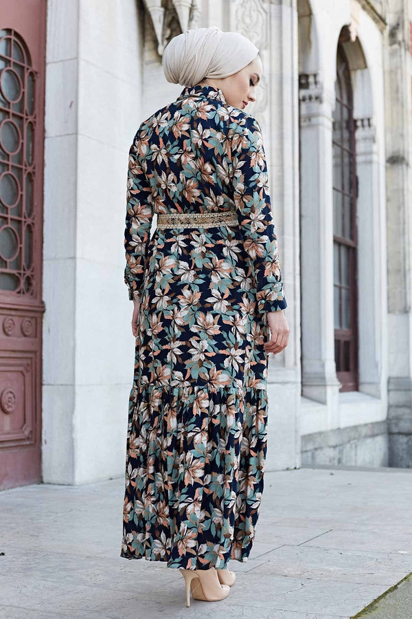 Hasır Kemerli Çiçek Desen Elbise 575M-2066 Mint