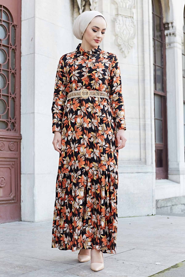 Hasır Kemerli Çiçek Desen Tesettür Elbise 575M-2066 Turuncu