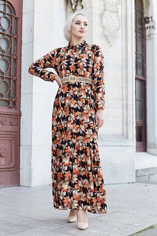 Hasır Kemerli Çiçek Desen Tesettür Elbise 575M-2066 Turuncu - Thumbnail