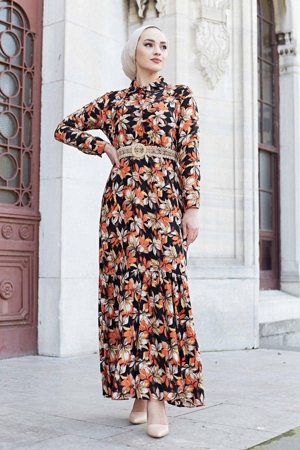 Hasır Kemerli Çiçek Desen Tesettür Elbise 575M-2066 Turuncu