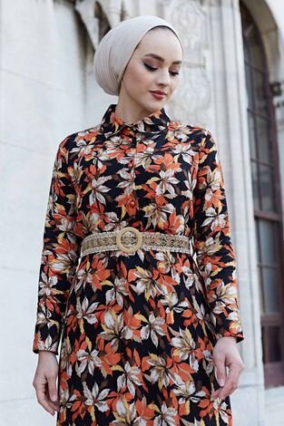 Hasır Kemerli Çiçek Desen Tesettür Elbise 575M-2066 Turuncu - Thumbnail