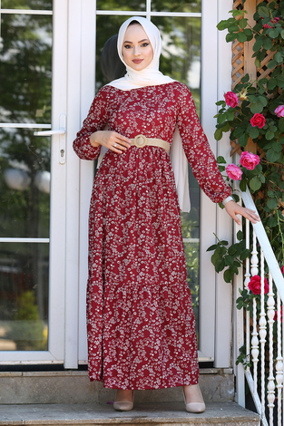 Hasır Kemerli Çiçek Desenli Elbise 180SB-1735 Bordo - Thumbnail