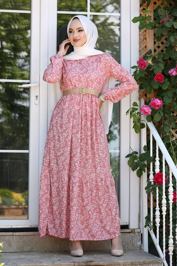 SB - Hasır Kemerli Çiçek Desenli Elbise 180SB-1735 Pudra