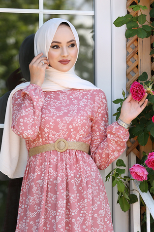 Hasır Kemerli Çiçek Desenli Elbise 180SB-1735 Pudra - Thumbnail