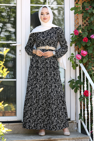 Hasır Kemerli Çiçek Desenli Tesettür Elbise 180SB-1735 Siyah - Thumbnail