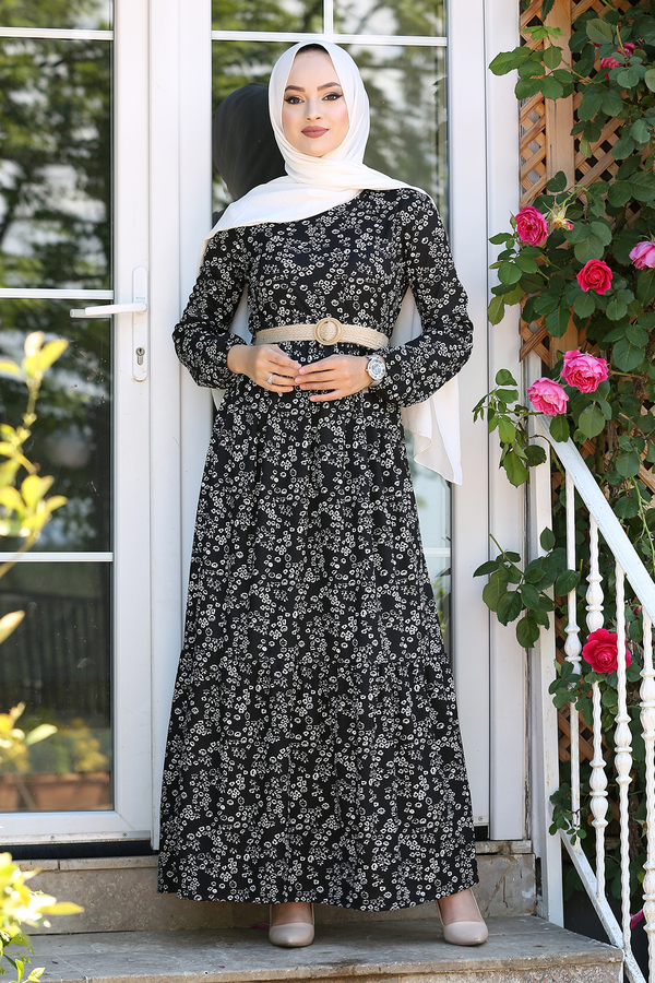 Hasır Kemerli Çiçek Desenli Tesettür Elbise 180SB-1735 Siyah