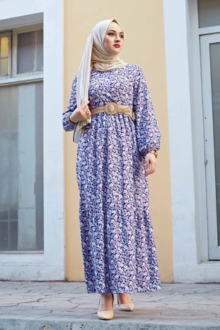 Hasır Kemerli Çıtır Desen Elbise 100MD4999 Bebe Mavisi - Thumbnail