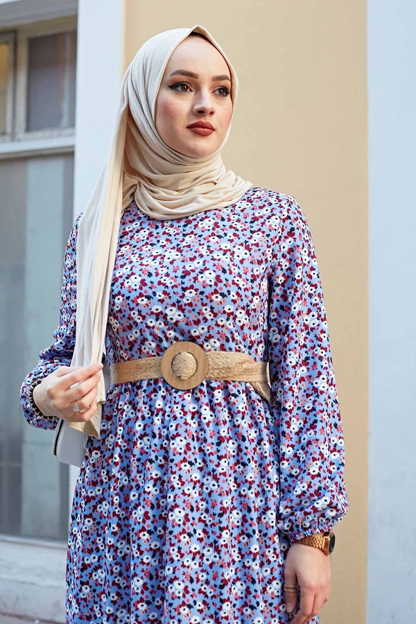 Hasır Kemerli Çıtır Desen Elbise 100MD4999 Bebe Mavisi