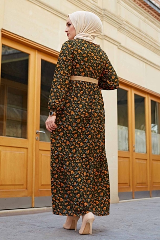 Hasır Kemerli Çıtır Desen Tesettür Elbise 100MD4999 Haki - Thumbnail