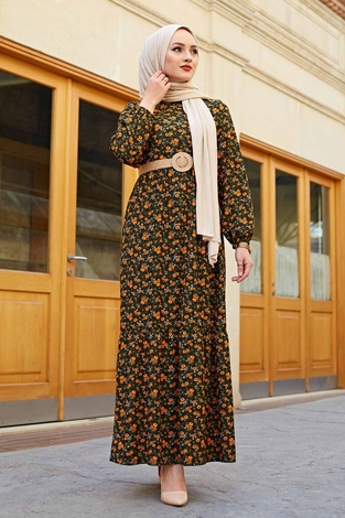 Hasır Kemerli Çıtır Desen Tesettür Elbise 100MD4999 Haki - Thumbnail