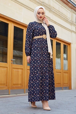 Hasır Kemerli Çıtır Desen Elbise 100MD4999 Lacivert - Thumbnail