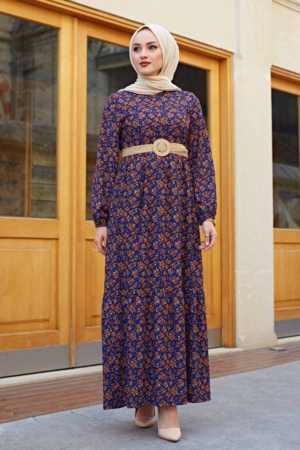 Hasır Kemerli Çıtır Desen Tesettür Elbise 100MD4999 Mor