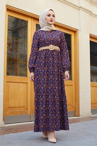 Hasır Kemerli Çıtır Desen Tesettür Elbise 100MD4999 Mor - Thumbnail