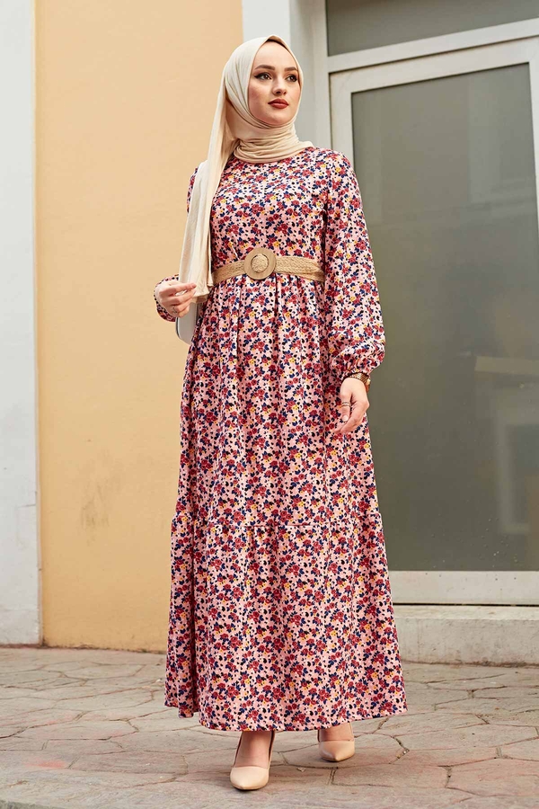 Hasır Kemerli Çıtır Desen Elbise 100MD4999 Pudra