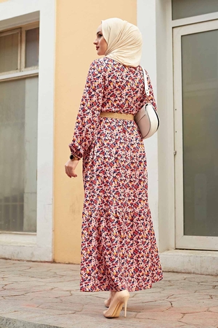 Hasır Kemerli Çıtır Desen Elbise 100MD4999 Pudra - Thumbnail