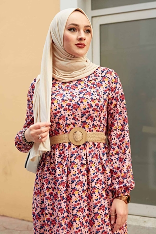 Hasır Kemerli Çıtır Desen Elbise 100MD4999 Pudra - Thumbnail