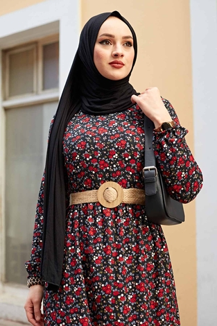 Hasır Kemerli Çıtır Desen Tesettür Elbise 100MD4999 Siyah - Thumbnail