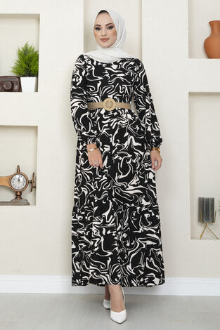 Hasır Kemerli Dalga Desenli Tesettür Elbise 100MD-8813 Siyah Beyaz - Thumbnail