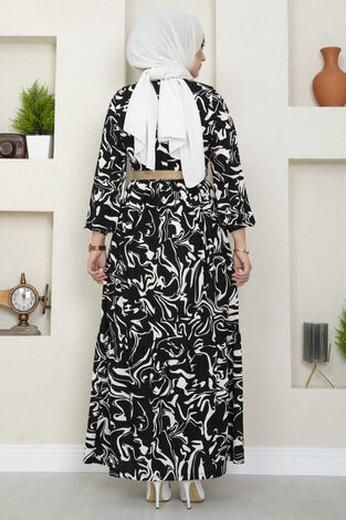 Hasır Kemerli Dalga Desenli Tesettür Elbise 100MD-8813 Siyah Beyaz - Thumbnail