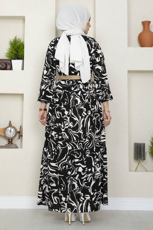 Hasır Kemerli Dalga Desenli Tesettür Elbise 100MD-8813 Siyah Beyaz