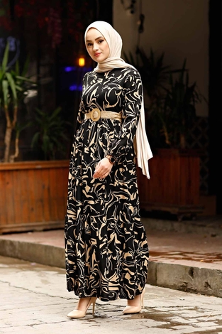 Hasır Kemerli Dalga Desenli Elbise 100MD-8813 Siyah-Sütlükahve - Thumbnail