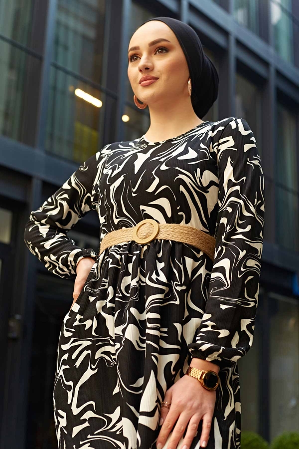 Hasır Kemerli Dalga Desenli Elbise 180SB-8711 Siyah