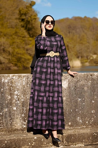 Hasır Kemerli Desenli Elbise 100MD-7374 Lila - Thumbnail