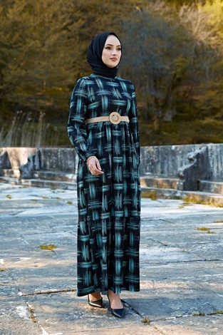 Hasır Kemerli Desenli Tesettür Elbise 100MD-7374 Turkuaz - Thumbnail