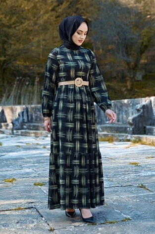 Hasır Kemerli Desenli Tesettür Elbise 100MD-7374 Yeşil - Thumbnail